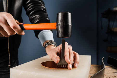 Craftsman is punching genuine leather using line punch and hammer for creation natural leather...
