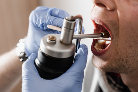 ENT doctor is doing nitrogen cryotherapy for the treatment of chronic tonsillitis and allergic rhinitis. Otolaryngologist treats patients throat with nitrogen. Cryotherapy is cold treatmentの写真素材