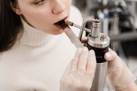 Female doctor otolaryngologist with cryosprayer. ENT doctor is spraying nitrogen for cryotherapy. Cryo procedures for mucosal renewal and treatment of chronic pharyngitis and tonsillitisの写真素材