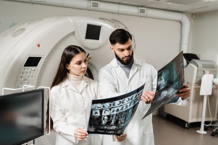 CT scan doctors are discussing x-ray of computed tomography of brains of patient. Computed tomography doctors are consulting and discussing x-ray of patientの写真素材