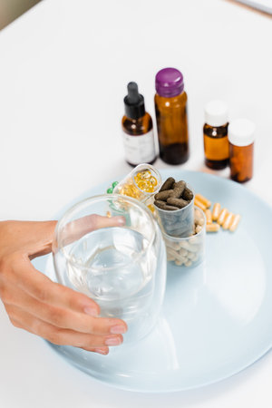 Many dietary supplements tablets and glass of water for daily pills intake on white background. Set of mulvitamin, amino acids, minerals and magnesium antistress, melatonin close-upの写真素材