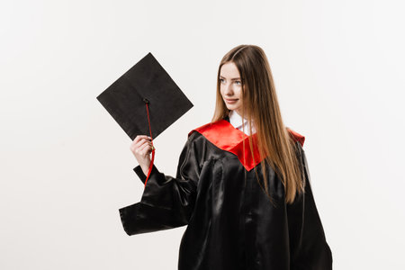 Cheerful bachelor girl in graduation robe and cap on white background. Happy and funny young woman smile. Student achieve master degree in univesityの写真素材