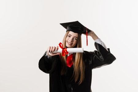 Masters degree diploma with red ribbon in hands of graduate girl in black graduation gown on white background. Graduate girl is graduating high school and celebrating academic achievementの写真素材