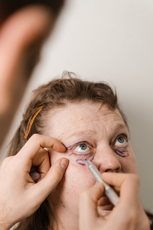 Blepharoplasty markup close-up on the face before the plastic surgery operation for modifying the...