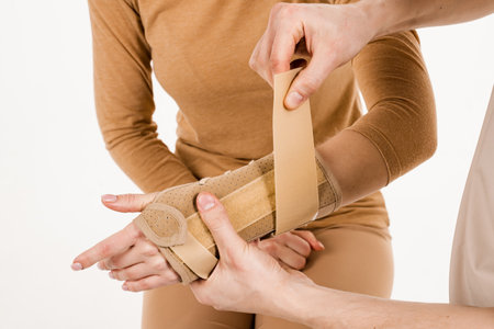 Traumatologist puts external wrist bandage on girls hand to recover from injuries and reduce risk of new injuries. Wrist external orthosis to reduce pathological mobility of wrist jointsの写真素材