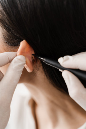 Otoplasty markup close-up before ear surgery. Surgeon draw marking on ear before otoplasty cosmetic...