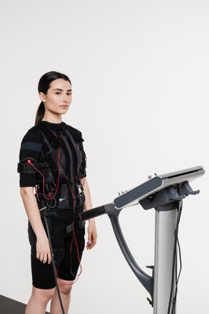 Fit girl in EMS suit on white background. Sport training in electrical muscle stimulation suit