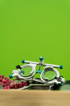 Close-up trial frame glasses and set of lenses on green background. Trial frame glasses to examine...