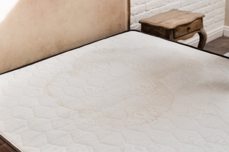 Condition of the mattress before dry wash cleaning using extraction method. Dirty mattress before dry washing using extractor machine.の写真素材