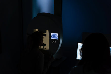 Perimetry visual field test for measure all areas of eyesight, including side, or peripheral vision. Perimetry eyes test for early sign of glaucoma of woman patient of ophthalmology clinicの写真素材