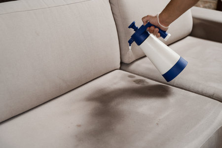 Spraying detergent on couch for dry cleaning using extractor machine. Process of dry cleaning for removing stains and dirt from couch at home. Professional cleaning serviceの写真素材