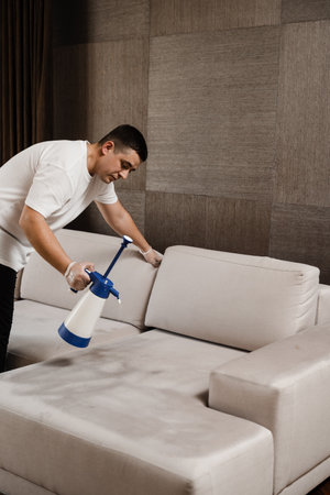 Process of dry cleaning for removing stains and dirt from couch at home. Professional cleaning service. Spraying detergent on couch for dry cleaning using extractor machineの写真素材