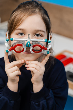 Child in trial frame glasses on blue background. Examination with pediatric ophthalmologist for selection of trial glasses frame to examine eye visual systemの写真素材