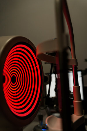 Corneal topographer shines red light for topography examination. Corneal topography eye vision test...