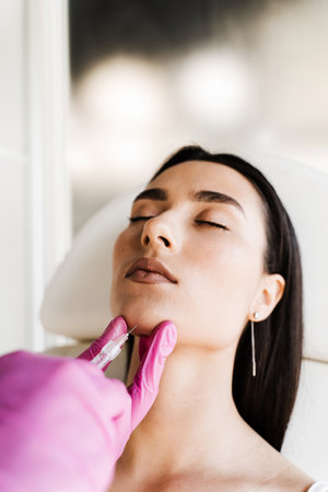 Filler injection of hyaluronic acid in chin. Contour plastic for correcting the volume and shape of...