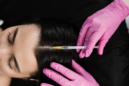 Cosmetologist is making mesotherapy injections in hair of girl top view. Mesotherapy treatment nourish the scalp and boost hair thickness and growth, helping to prevent hair lossの写真素材