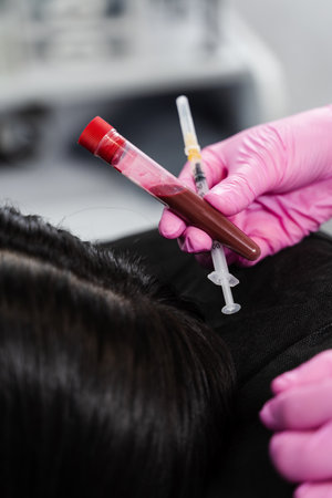 Cosmetologist with test tube with blood and plasma for PRP Platelet Rich Plasma procedure. Platelet Rich Plasma PRP for improves skin volume and texture, reduces flaccidity and fine wrinklesの写真素材