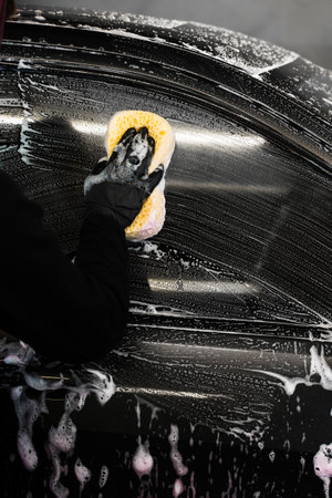 Cleaning the vehicle side window using a sponge and detergent during a manual vehicle washing at...