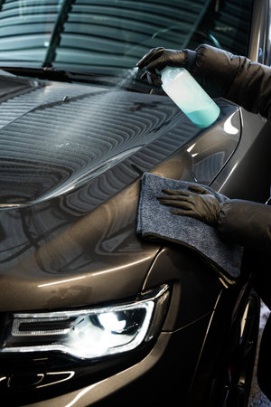 Process of car detailing at car service. Applying spray of quick detailer on car surface and polishing with microfiber rag.の写真素材