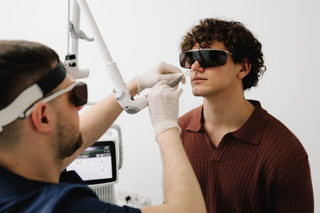 Laser treatment is an effective way to treat several ENT diseases. Doctor with laser and protective...