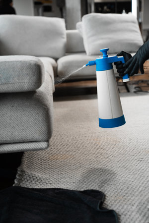 Spraying detergent to wash off stains from sofa. Cleaning furniture at home with spray detergent