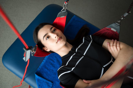 Girl is getting ready for red cord physiotherapy to recover from neck pain. Red Cord supervised...