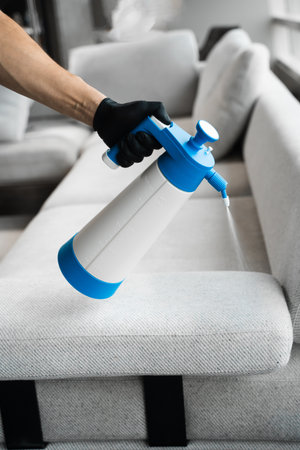 Cleaning upholstered furniture with spraying detergent. Cleaner is spraying detergent to remove...