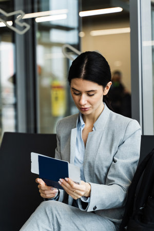 Traveler in an airport waiting area is looking at passport. Asian woman reads information on her...