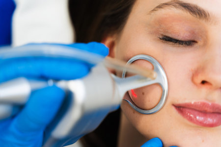Process of facial CO2 laser resurfacing. Cosmetologist removes wrinkles and scars using laser from...