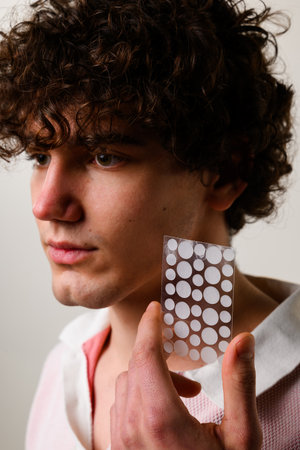 Man is taking care of his skin with acne pimple patches. Using acne stickers to create a moist...