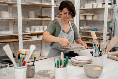 Using a sharp pottery carving knife to cut out a perfect round shape from clay. Ceramics class....