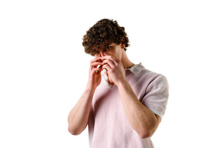 Nose irritation caused by allergies. Suffering symptoms of allergic rhinitis. Necessity of nose...