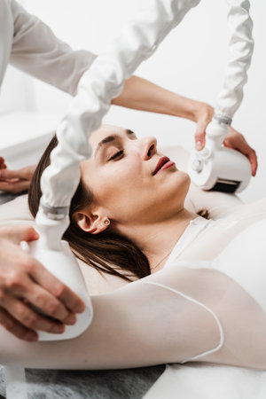 Targeting lymphatic system with rhythmic movements and massage to get rid of waste and toxins. Young woman is having lymphatic drainage treatment to remove leg swellingの写真素材