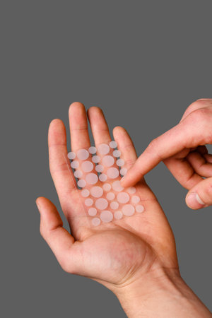 Dermatological acne patch to clean irritated skin from pimples. Effective nonmedical treatment for...