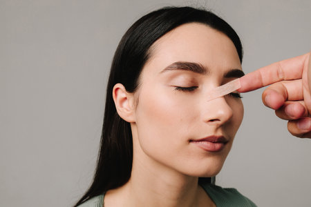 Rhinoplasty. Plastic surgeon is taping nose to patient during rhinoplasty recovery. Applying bandage on nose after surgery to support its shape, decrease swelling and improve appearanceの写真素材