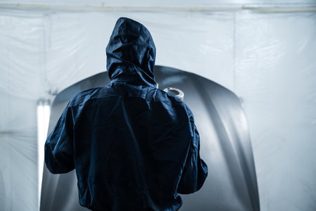 Mechanic is fixing color of car with paint sprayer in garage. Car painter is painting car hood in dark colorの写真素材