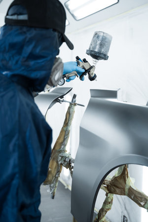 Worker is painting car in dark color with HVLP spray gun. Auto mechanic is changing the color of...