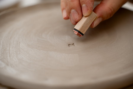 Girl is using a clay stamp to engrave letters and ornaments on a pottery project. Decorating clay products with special patters and symbols on a ceramics workshopの写真素材