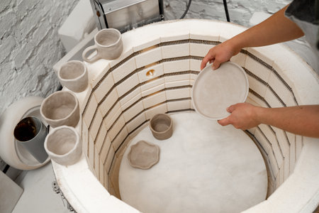 Muffle furnace functioning. Putting ceramic products in a muffle furnace to fire them. Heating pottery to extremely high temperature with isolationの写真素材
