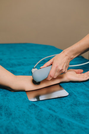 Diathermy. Young girl is healing from bruises and sprains on her arm. Effective use of tecar therapy after sport injury. Rehabilitation after severe trauma with diathermyの写真素材