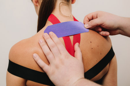 Medical tape. Doctor is applying bright kinesiology tape on athlete to reduce pain and inflammation after injury. Healing from lymphedema with tapeの写真素材
