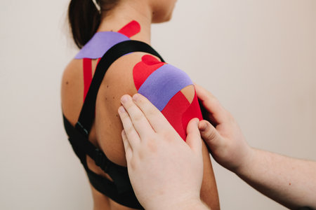 Young woman with thin, stretchy tapes on her neck and shoulders to improve athlete performance. Doctor is attaching kinesiology tapes to shoulder of patient to activate musclesの写真素材