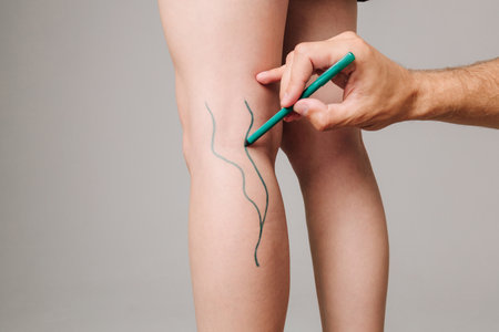 Vascular surgeon is drawing lines on leg veins to assist in finding them during surgery. DVT. Woman is healing from deep vein thrombosisの写真素材