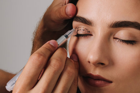 Plastic surgeon is marking up contour for upper blepharoplasty. Drawing on skin of eyelids for accurate face lifting and safe surgery to remove excess skinの写真素材