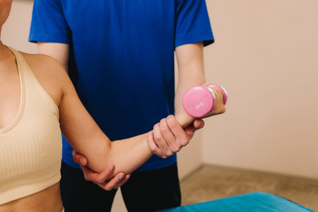 Effective PT to heal from injury. Therapist is helping patient to restore arm movement after illness. Doctor is helping with physiotherapy to restore body functioningの写真素材