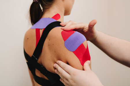 Doctor is attaching kinesiology tapes to shoulder of patient to activate muscles. Young woman is having thin, stretchy tapes on her neck and shoulders to improve athlete performanceの写真素材