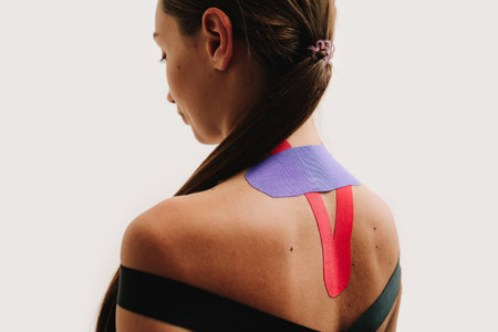 Young girl is going through rehabilitation with stretchy tapes to reduce swelling. Back taping with kinesiology band to improve muscle stimulation after sport injuryの写真素材