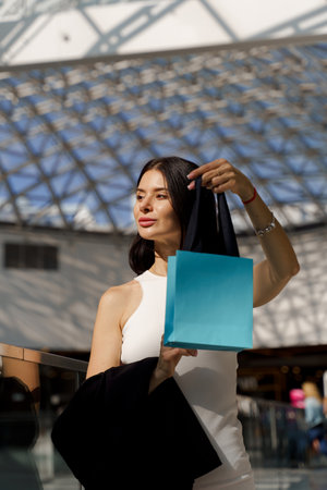 Shopping lady is opening her present in shopping mall. Woman is looking through her bargains after sales. Surprising girl with jewelry gift for her birthdayの写真素材