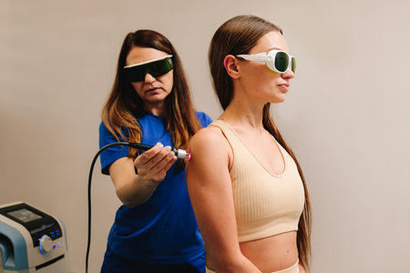 Laser therapy for chronic back pain. Woman is healing with red light to reduce pain, inflammation and edemas of her back. Effective laser therapy to restore damaged muscle tissues and nervesの写真素材