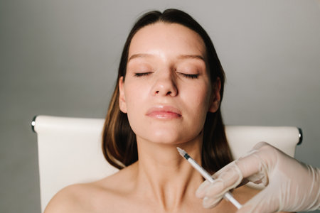 Cosmetologist making filler injection in female chin. Improving the shape of the chin by high...